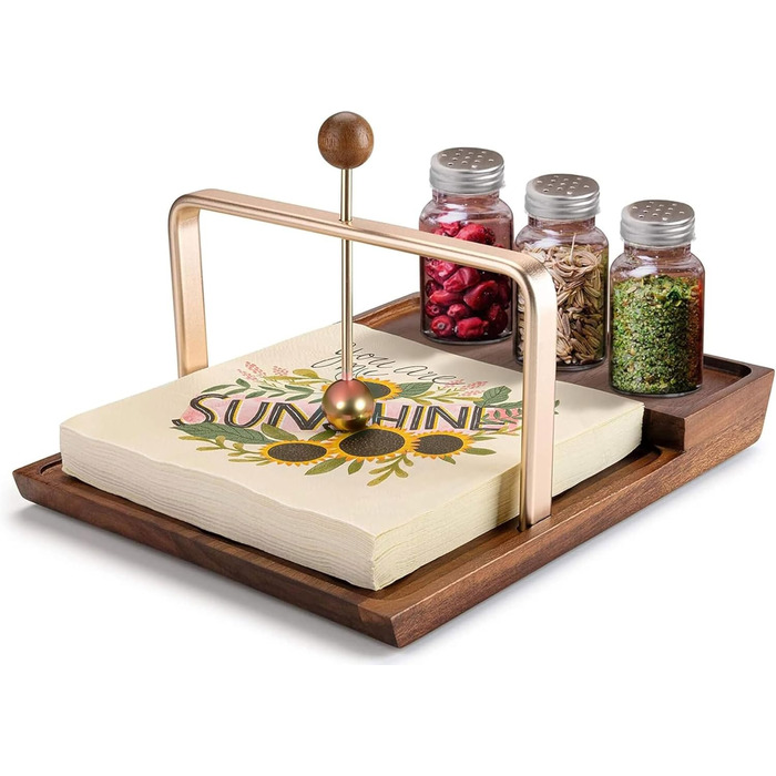 Napkin Holder, Wooden Napkin Holder for Table, Rustic Napkin Holder for Paper Napkins, Flat Napkin Holder with Salt and Pepper for Bar, Kitchen, and Dining Room Décor