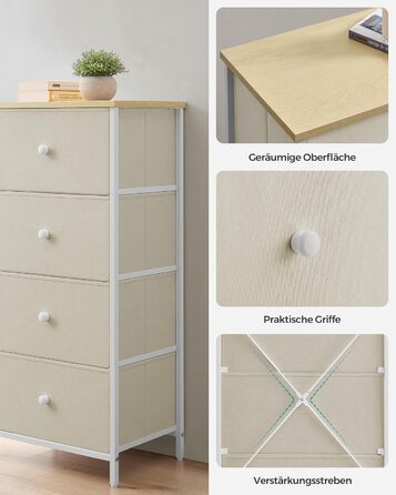 SONGMICS Chest of Drawers, Storage Cabinet with 4 Fabric Drawers, Metal Frame, Tall and Narrow, White-Oak Finish LTS314W57 (Camel Yellow + Cream White, 30W x 45D x 91.7H cm (4 Drawers))