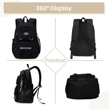 Шкільний рюкзак Tanou для дівчаток-підлітків, велика місткість, водонепроникний, чорний, 9573#