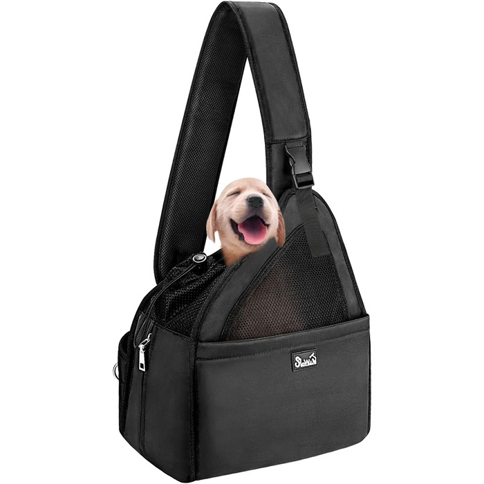 Dog-friendly sling carriers, hands-free travel bag for small pets with adjustable straps, hardboard base, safety belt, for dogs up to 2.8kg, wider version (L (For pets under 5.5kg), Black)
