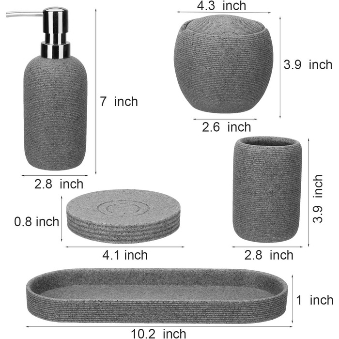 Набір аксесуарів для ванної кімнати з штучного каменю, 5 предметів: диспенсер для лосьйону, мильниця, тримач для зубних щіток, попільничка, тримач для ватних паличок, сучасний декор для ванної кімнати (сірий)