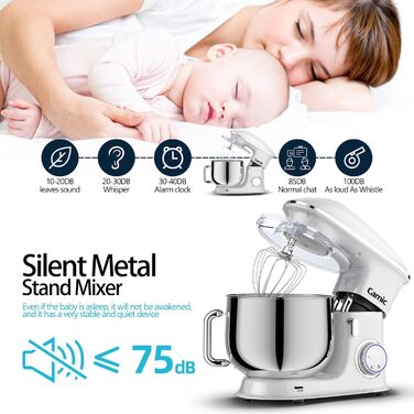 Stand Mixer Dough Mixer Camic 1500W 8L Stand Mixer Whisking Device Multifunction Mixer Quiet, Powerful, and Professional, 6 Speeds with Pulse, Stainless Steel Bowl (White)
