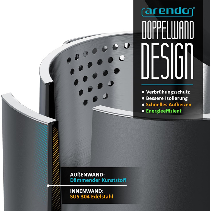 Електричний чайник Arendo з нержавіючої сталі 1.5 л, 2200 Вт, подвійні стінки, 360°, без BPA, захист від перегріву та сухого кипіння, чорний матовий сірий, 1.5 л