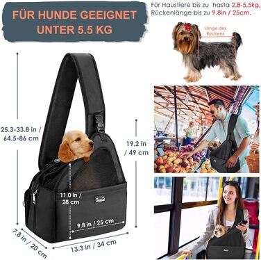 Dog-friendly sling carriers, hands-free travel bag for small pets with adjustable straps, hardboard base, safety belt, for dogs up to 2.8kg, wider version (L (For pets under 5.5kg), Black)