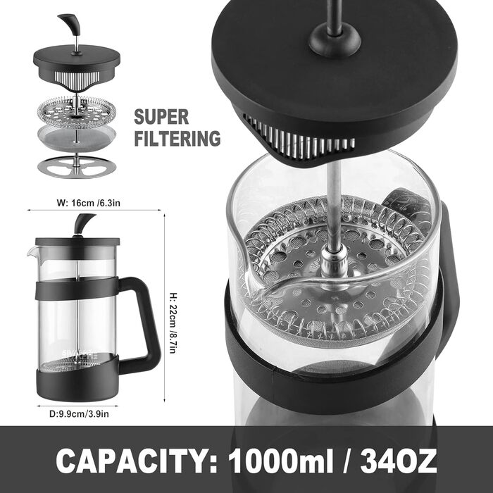 Френч-прес Sivaphe 1000 мл, чорний: кавоварка з тришаровим фільтром, термостійке скло, ложка