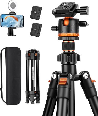 Штатив для камери JOILCAN з алюмінію, 168 см, міцний туристичний штатив з поворотним голковим кріпленням 360° та тримачем для телефону, вантажопідйомність 8 кг, для DSLR Canon Nikon Sony, штатив для iPhone/Smartphone