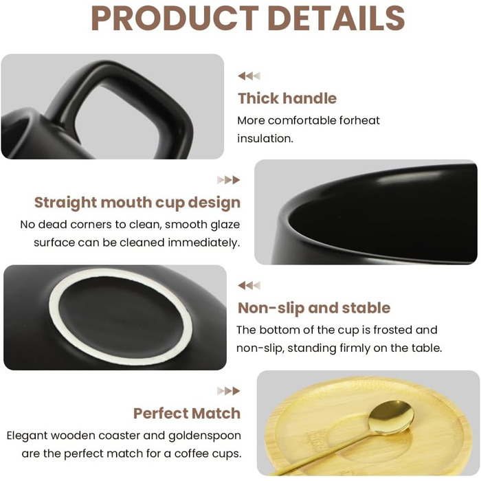 Набір кавових чашок капучино з блюдцем, 4 шт. Об'єм 320 мл, з кераміки, товстостінні, для еспресо, капучино, лате (чорний)