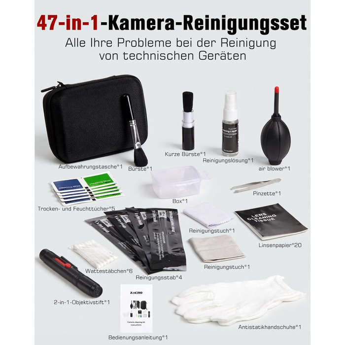Набір для чищення камери: 14 шт. для об'єктивів DSLR, мобільних телефонів, лінз, фільтрів. Ракета-дувачка, Lenspen, пензлик, мікрофібра, щітка для об'єктивів