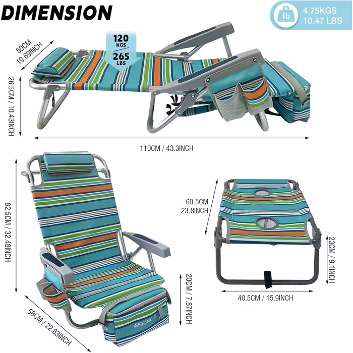 WKFAMOUT Folding Beach Chair with Folding Table, 5 Position Backpack Chair for the Beach, High-Back Camping Chair with Cooler Bag, Adjustable Backrest and Carrier, White 1 Piece (Orange, 2 Pieces)