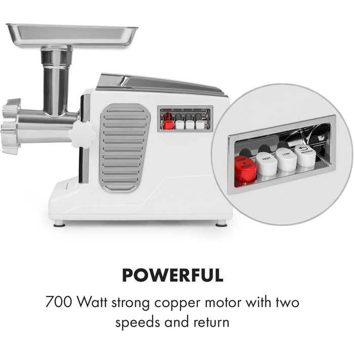 Klarstein Kraftprotz 700W Electric Meat Grinder - Copper Motor, 2 Speeds, Reverse, Aluminum Housing, Stainless Steel Blades