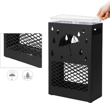 SONGMICS Metal Umbrella Stand with Water Tray, 4 Hooks, Cutout Design - Black for Entryway & Office