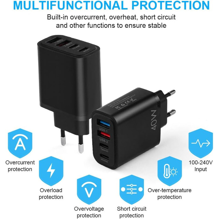 Мережевий адаптер AXFEE 65W з 5 портами: USB-C та USB-A, швидка зарядка PD 3.0, для iPhone 14 Pro Max 13, чорний