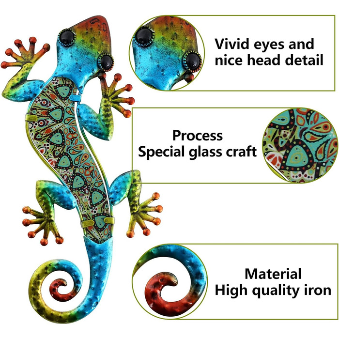 HONGLAND Metal Gecko Wall Decoration, Lizard, Garden Art, Colorful Glass Sculpture for Hanging, for Indoor and Outdoor Use, Patio, Fence (Symphony), 2 Pieces