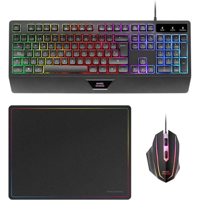 Ігровий комбо MARSGAMING MCP124: Клавіатура H-Mech LED RGB, Миша 3200DPI з HUANO Switches, Килимок Nanotextil 360x260mm, Підтримка Multiplatform, Іспанська розкладка, Чорний колір