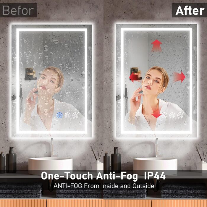 Дзеркало для ванної кімнати 50x70 см з LED-підсвічуванням, антизапарювання, диммування, 3 кольори світла