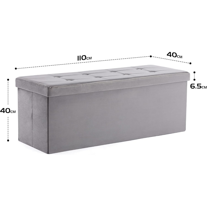 Складана оксамитова банкетка HNNHOME 110×40×40 см, сіра, пуф-оттоманка з кришкою для зберігання іграшок, для вітальні й спальні, екстравелика