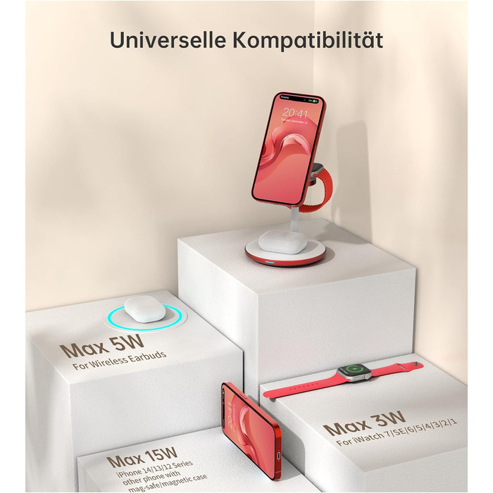 3-в-1 Бездротова Зарядка для Багатьох Пристроїв: iPhone, iWatch, AirPods, 15W, MagSafe, Колір: Маджента