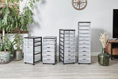 Iris Ohyama Plastic Drawer Box with Wheels, 10 Flat Drawers, Black, Pull Handles, For Bedroom, School & Office, BPA-Free, Drawer Cabinet, Rolling Container, A4 Drawer, DDDC-010