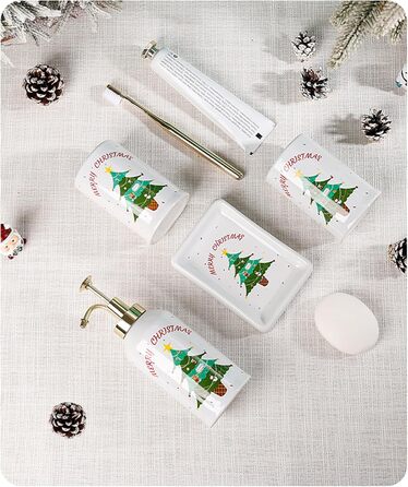 4-Piece Ceramic Bathroom Set, Artistic Line Face Bathroom Accessories Set with Soap Dispenser, Toothbrush Holder, Cup, Soap Dish, Abstract Bathroom Set for Decor, Cream (Christmas Tree)