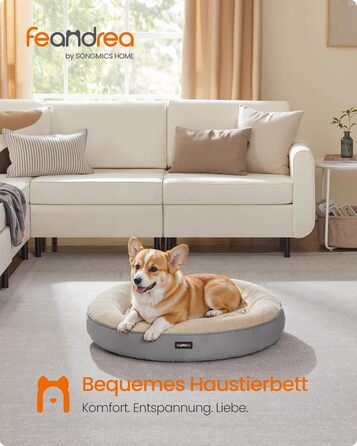 Ліжко для собак і котів Feandrea Donut, 70 см, світло-сіре, плюш, кругле, 80x80x18 см