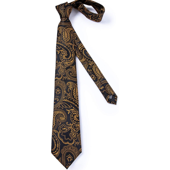Краватка з візерунком пейслі DiBanGu, шовкова краватка, нагрудна хустинка, запонки, затискач для краватки - чорний та золотий для весілля та балу
