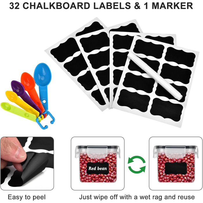 12 контейнерів для зберігання продуктів, герметичні, BPA-free, PP, з замком, 0.8л (Чорний) + 32 етикетки та маркер