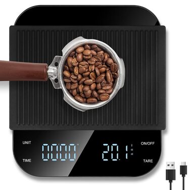 Ваги для кави Vankarr з таймером, ваги для еспресо з точністю 0.1г, USB-зарядка, міні ваги для кухні, функція тари, максимальне навантаження 3 кг