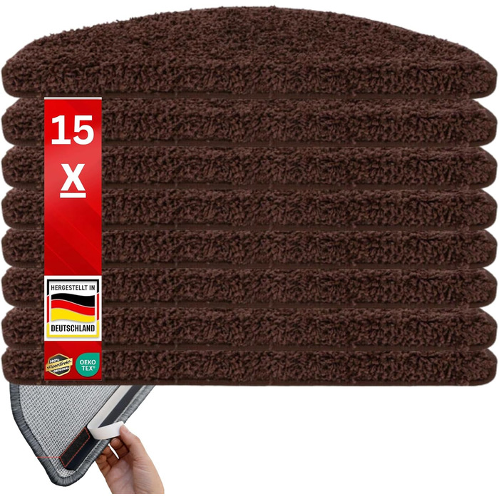 Набір килимків для сходин Floordirekt Barcelona (15 шт.) - надійні та легкі в догляді, 16 кольорів, напівкруглі (темно-коричневий, 65 x 23,5 см)