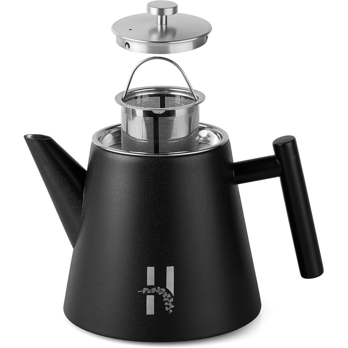 Hanamura Thermo Teapot with Infuser - Stainless Steel Teapot, Double-Walled and with Strainer - 1L - Black Metal Teapot - Insulated Thermos Modern Design