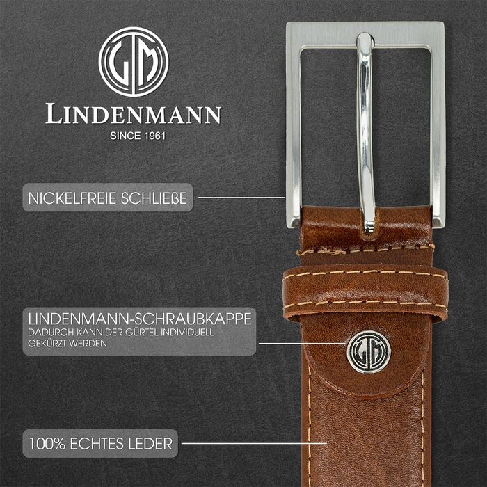 Шкіряний ремінь чоловічий LINDENMANN з натуральної яловичної шкіри, 35 мм, колір коньячний коричневий, 100 см