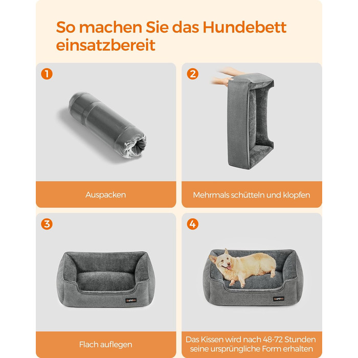 Ліжко для собак Feandrea, м'який лежак для собак з льоновим покриттям, кошик для собак, підняті бортики, неслизьке дно, знімний та пральний чохол, L, для середніх собак, 90 x 75 x 25 см, світло-сірий