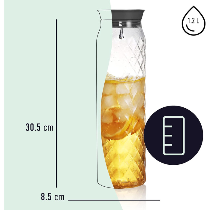 Glass water carafe, 1.2 Liter, glass carafe with lid, silicone lid, height 30.5cm Carafe