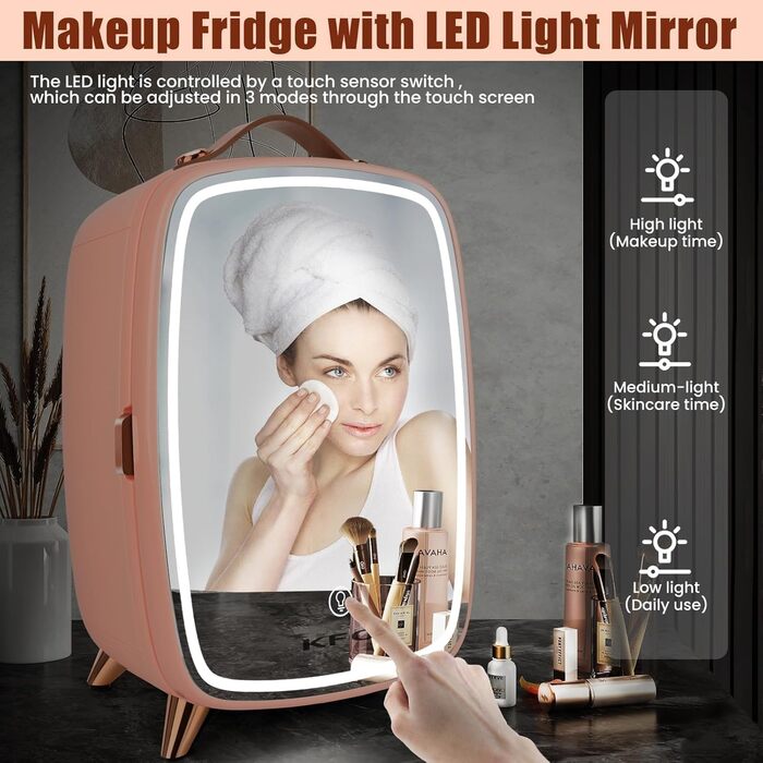 Mini Cosmetic Cooler with LED Mirror - 6 Liter Portable Makeup Fridge with 3 Light Modes (Bright/Dim/Star Light) & Quiet Operation