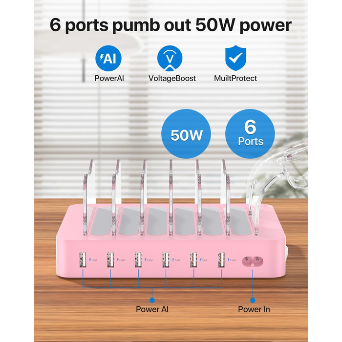 Зарядна станція SooPii USB з органайзером на 6 портів 50W + 6 кабелів + тримач для iWatch, біла (Рожева)