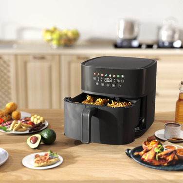 Фритюрниця HOMCOM з гарячим повітрям на 8 літрів (Airfryer) з 8 попередніми налаштуваннями, таймером на 60 хвилин, технологією 360° циркуляції гарячого повітря, потужністю 1700 Вт, без використання олії, з захистом від перегріву, LED-сенсорною панеллю упр