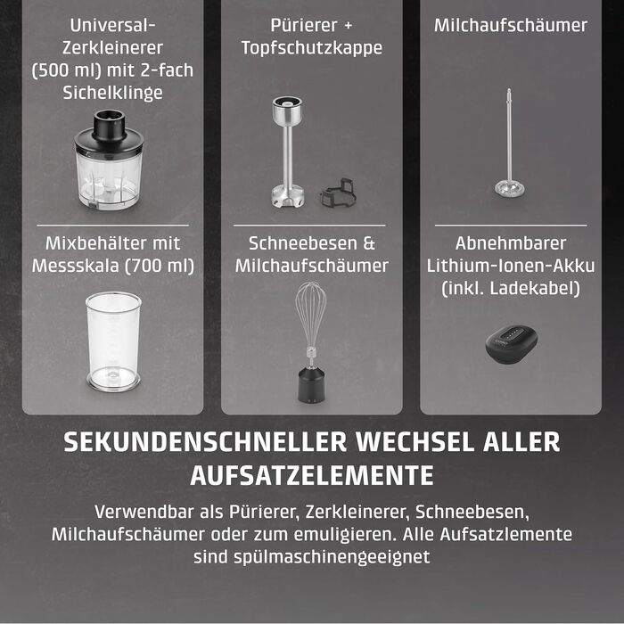 CASO Click & Mash - бездротовий набір ручного блендера 4-в-1, акумуляторний, для пюрування, подрібнення, збивання, спінювання молока, емульгування, 6000-13000 об/хв