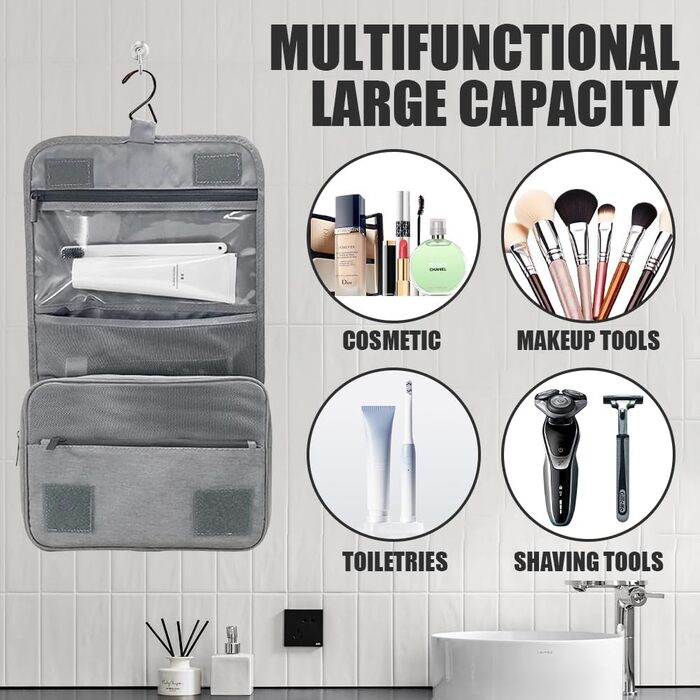 Чоловіча та жіноча сумка-органайзер для косметики та туалетних аксесуарів - велика дорожня сумка для підвішування, бежевого кольору (сірий відтінок)
