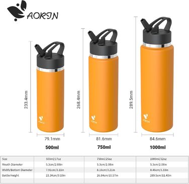 AORIN Stainless Steel Water Bottle, 500ml/750ml/1L Leak-Proof Water Bottle with Straw, BPA-Free Drinking Bottle for Kids, Vacuum Insulated Thermos for Sports, School, Fitness, Outdoor (1000 ml, Mango)