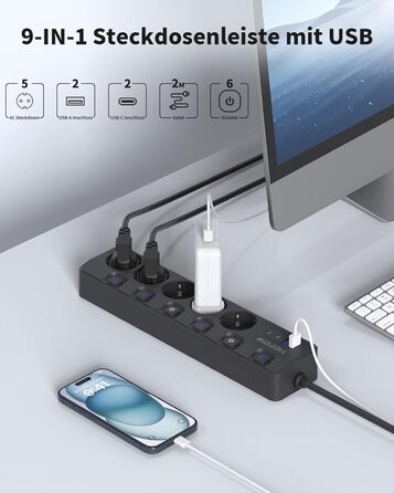 Мережевий фільтр 9-в-1 з індивідуальним вимикачем, 5 розеток, 4 USB-порти (3680W, 16A), захист від перенапруги 1050 Дж, настінний монтаж, 2 м кабель - для дому, офісу та подорожей, чорний