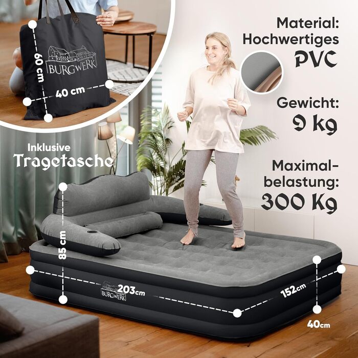 Надувне ліжко 3-в-1 | Гостьове та кемпінгове ліжко | Надувна матрац з електропомпою 150x200 | Самостійно надувна ліжко (2 особи, Чорний/Антрацит)