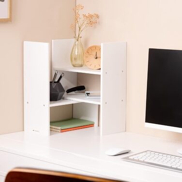 Navaris Acacia Desk Organizer 64x15.5x40 - Desk Shelf Organization System Adjustable - Corner Shelf for Kitchen Office Bathroom Shelf Attachment - Natural (White)
