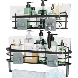Самоклеюча кутова поличка для душу Orimade з гачками, органайзер, без свердління, корзина для зберігання з рушником, настінний монтаж, нержавіюча сталь, для душу та ванної кімнати – 2 шт, чорний