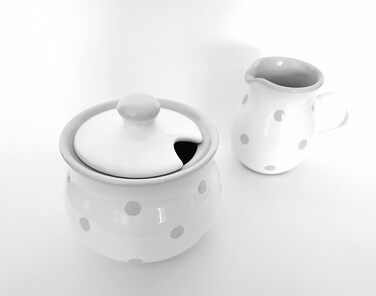 Sugar and Milk Set, White Milk Jug and Sugar Bowl with Hand-Painted Grey Dots, Sugar Bowl with Lid, Creamer Made of Ceramic, Dishwasher Safe.