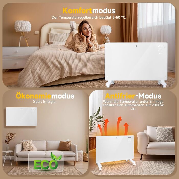 Електричний конвектор Aigostar з термостатом та Wi-Fi, 2000W, для кімнат до 30 м², чорний. Можлива установка на стіну або на підлогу.