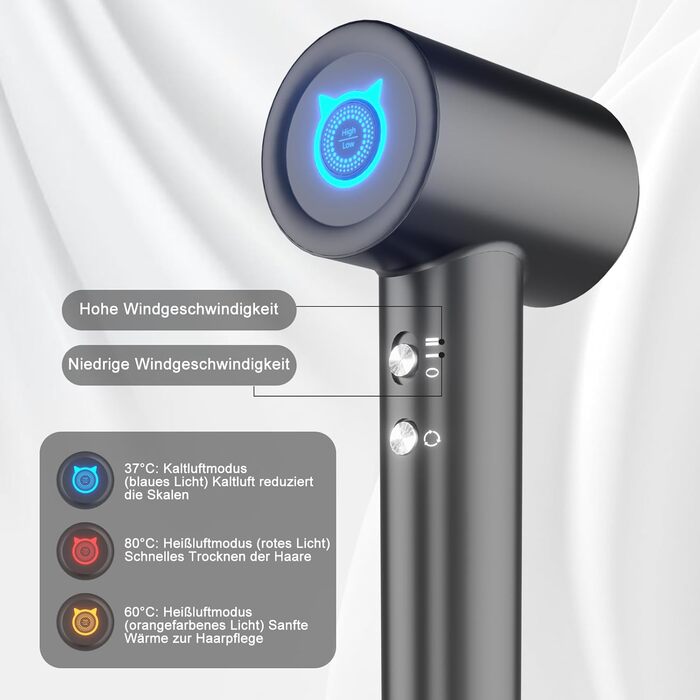 Супершвидкий фен Supersonic з іонізацією 200 млн негативних іонів, 110 000 обертів/хв безщітковий двигун, низький рівень шуму 57dB, інтелектуальна стабільна температура для подорожей та дому, чорний