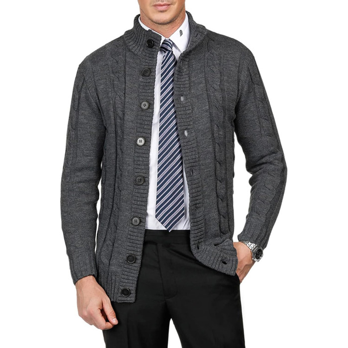 Чоловічий в'язаний кардиган PJ PAUL JONES з ґудзиками, візерунок коси, для осені/зими, темно-сірий, розмір M