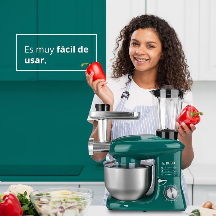 Kubo Food Processor - 7 Accessories: Mixing Bowl, Meat Grinder, Large Bowl, Protective Lid, Whisk, Mixer, and Dough Hook - Color: Green - Capacity: 6 Liters