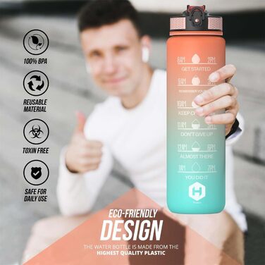 1L Water Bottle - BPA Free Water Bottle with Straw and Time Markers - Water Bottle for Bicycle, Outdoor, School, Running and Gym - Carbonated Drink Suitable (Orange & Light Green with Orange Cap)