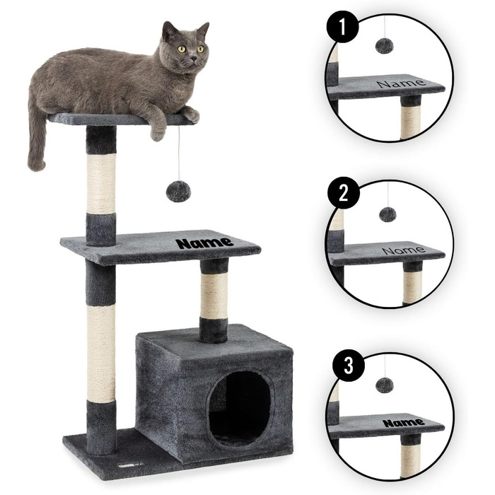 Lionto Scratching Post for Cats with Cave and Plush Ball incl. Bell, Height 85 cm, Cat Tree with Sisal & Plush, Cozy Resting Areas & Cave, Suitable for Small & Large Cats, (Dark Grey (with name tag))