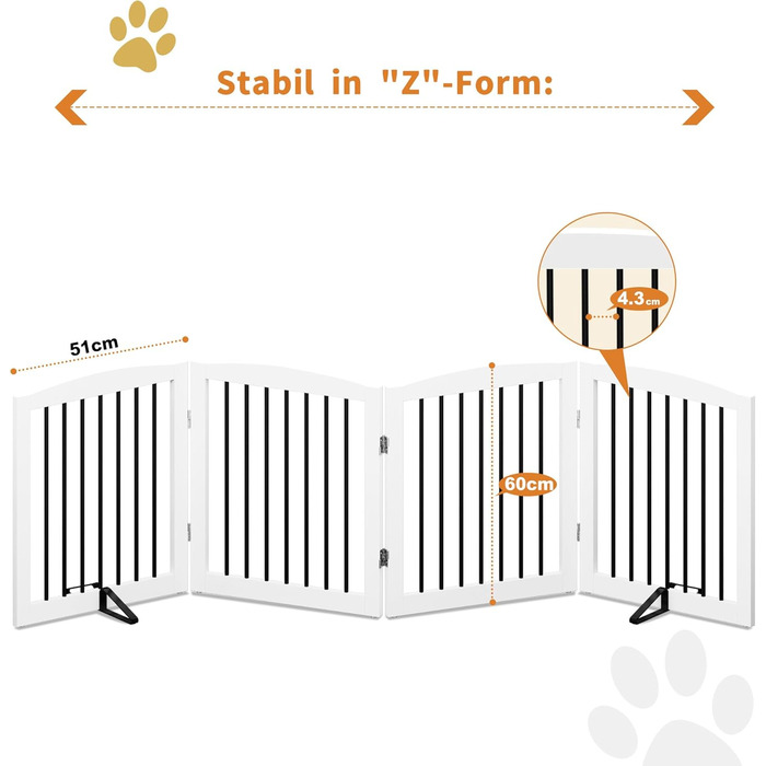 Захисне ґратка для собак у квартиру без свердління, металева, дерев'яна, розкладна, біла, 4 панелі